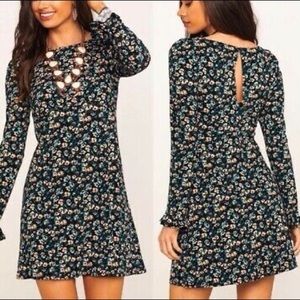 NWT Free People Say Hello Black Floral Long Sleeve Mini Dress Size Large